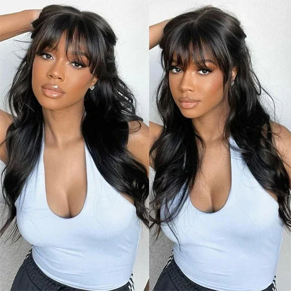 30 inches Body Wave Human Hair Wigs With Bangs Short Bob Wig 180% Density Brazilian Fringe Remy Full Machine Made Wig For Women